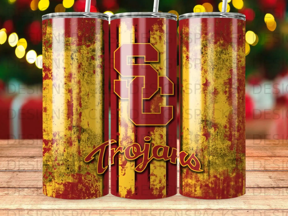 USC Trojans logo on a distressed red and gold striped tumbler.