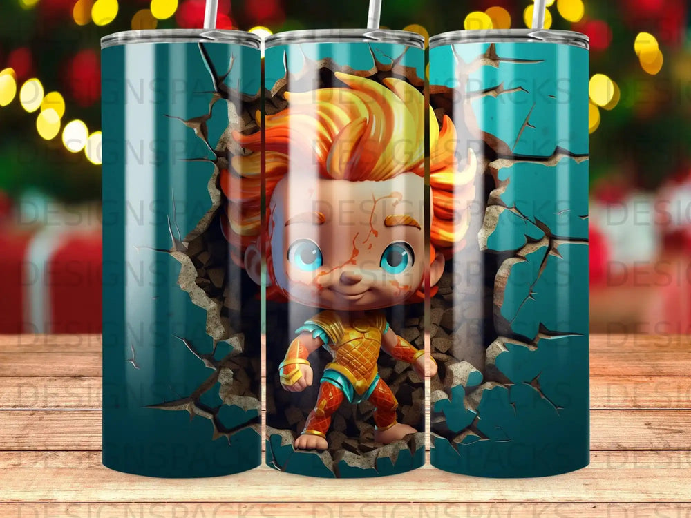 Cartoon character bursts through a cracked surface, on a blue and teal patterned tumbler.