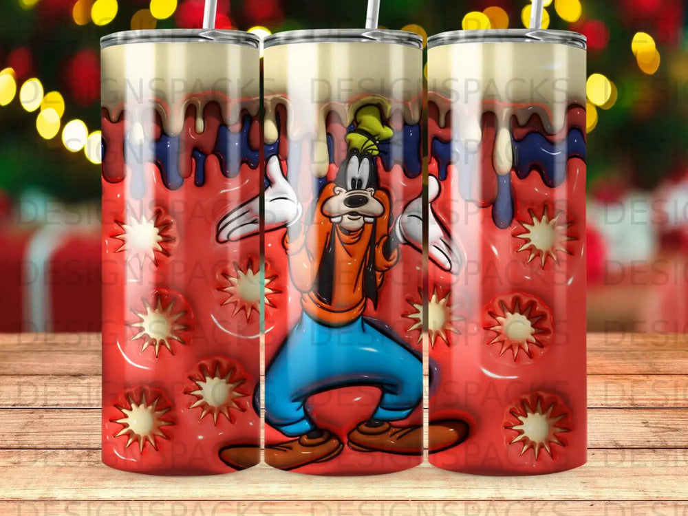 Goofy character on a tumbler with red and blue melted design.