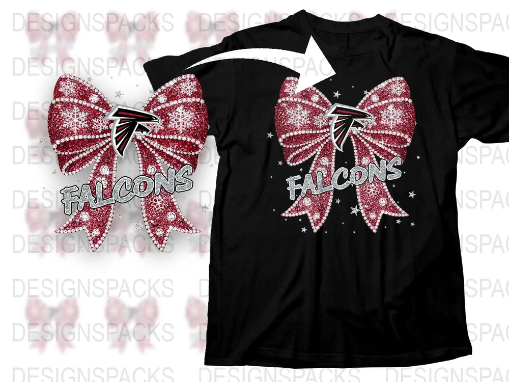 Falcons Sparkle Bow Design T-Shirt, Rhinestone Embellished Graphic Tee, Sports Team Fan Apparel, Casual Fashion Top