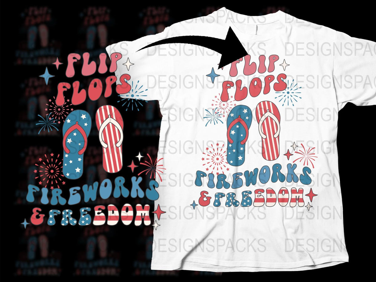 Flip Flops, Fireworks and Freedom T-Shirt, Patriotic Summer Tee, USA Flag Design, July 4th Celebration Top, Unisex Fit
