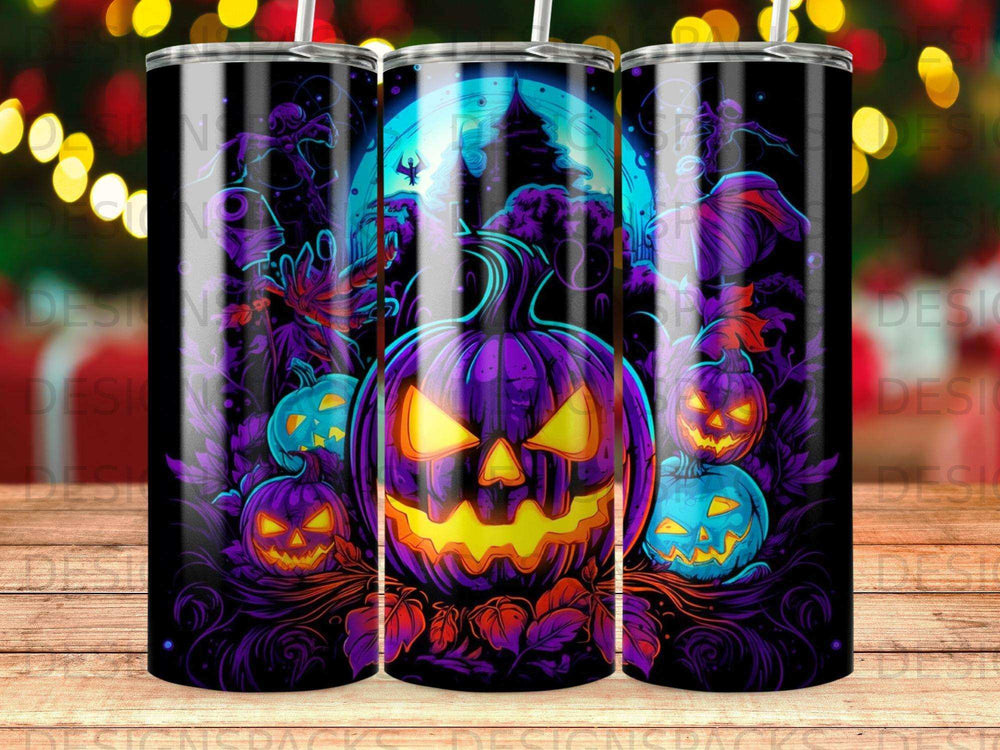 Halloween jack-o'-lanterns and spooky characters on a dark, colorful tumbler.