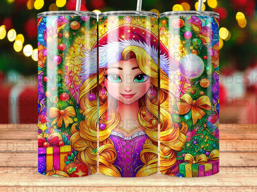 Rapunzel in Santa hat with Christmas gifts and decorated trees.