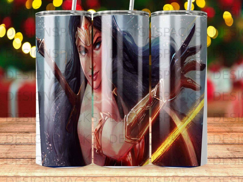 Wonder Woman illustration with golden armor and a bright, colorful background.