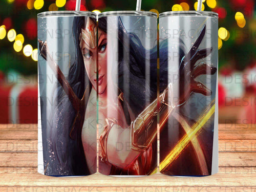 Wonder Woman illustration with golden armor and a bright, colorful background.