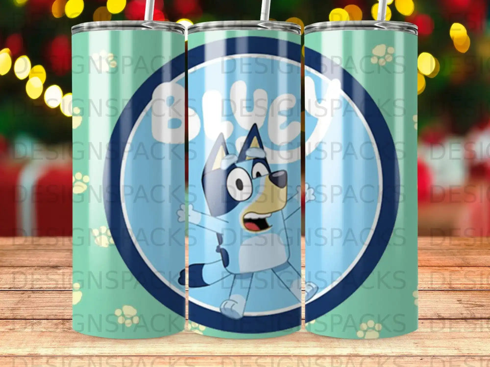 Bluey character on a blue background with repeating watermark.