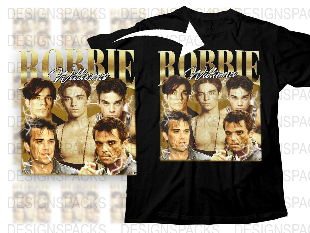 Robbie Williams Graphic T-Shirt, Vintage Photo Collage Design, Pop Music Fan Apparel, Gift Idea