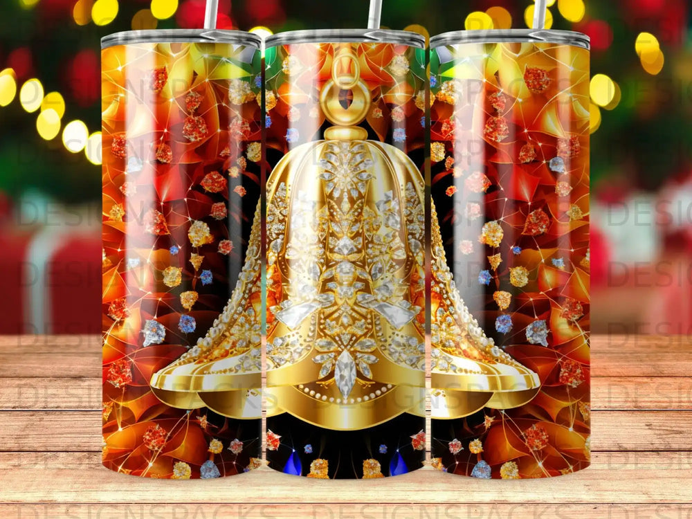 Golden bell with gems and colorful stained-glass pattern.