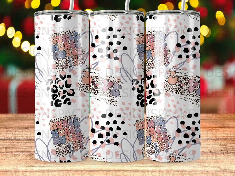 Three tumblers with a leopard print and polka dot design, "Hope" text.