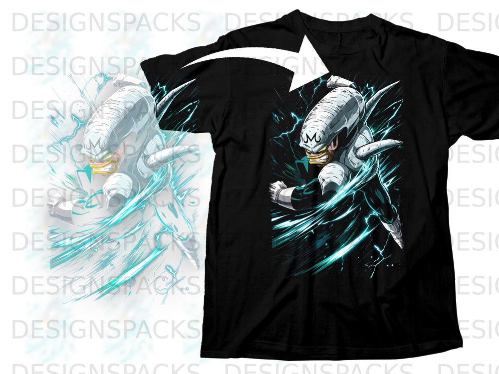 Black t-shirt featuring Majin Vegeta in an action pose surrounded by blue energy.
