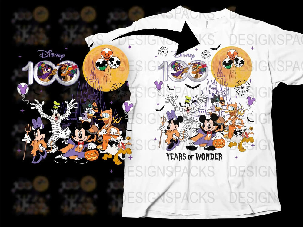 Disney 100 Years of Wonder Halloween T-Shirt, Mickey and Friends Spooky Graphic Tee, Unisex Adult and Kids Sizes