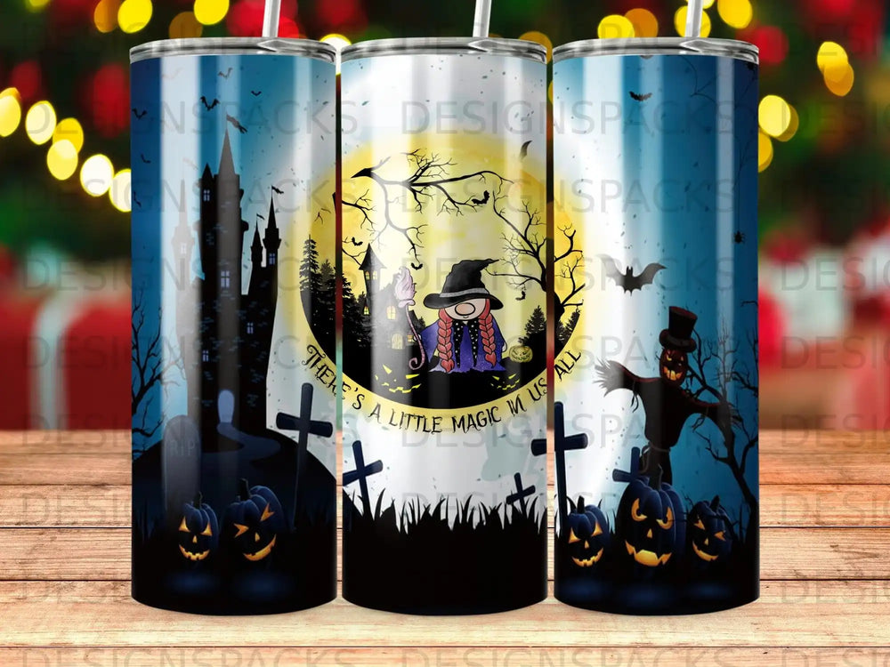 Halloween tumbler with witch, spooky castle, and pumpkins, reading "There's a little magic in us all".