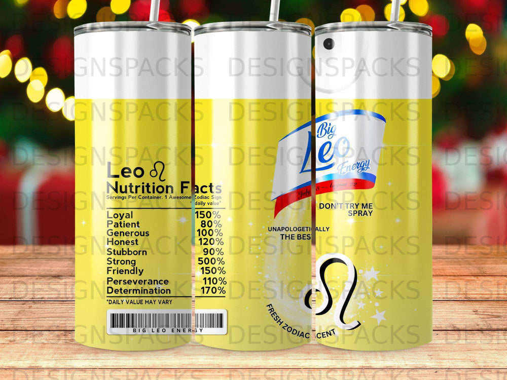 Leo zodiac sign tumbler with nutrition facts and "Big Energy" text.