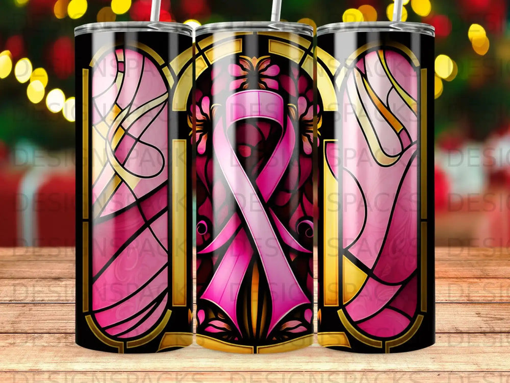 Pink breast cancer ribbon design on a tall, cylindrical tumbler.