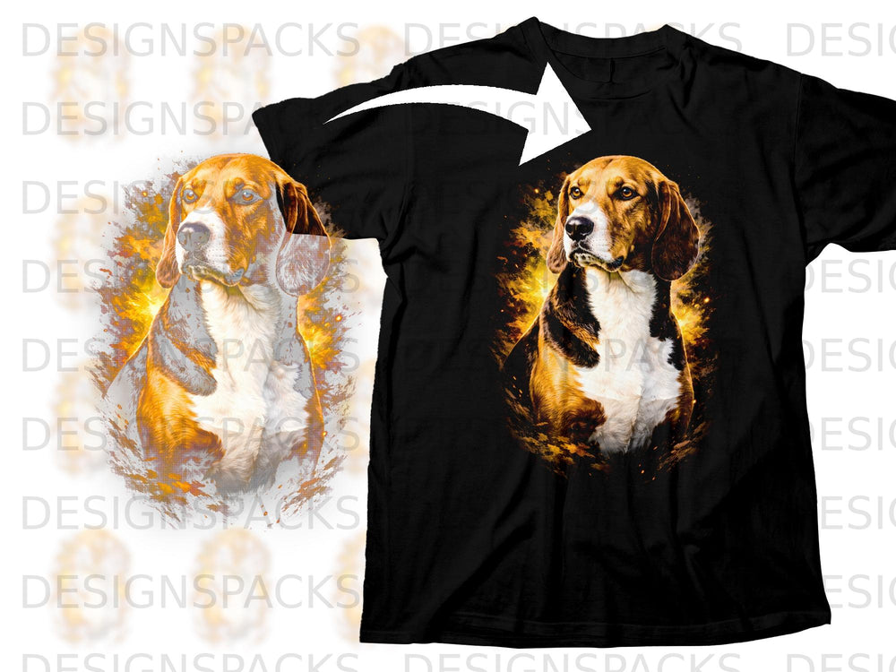 Black t-shirt with a graphic of a beagle dog surrounded by fiery effects.
