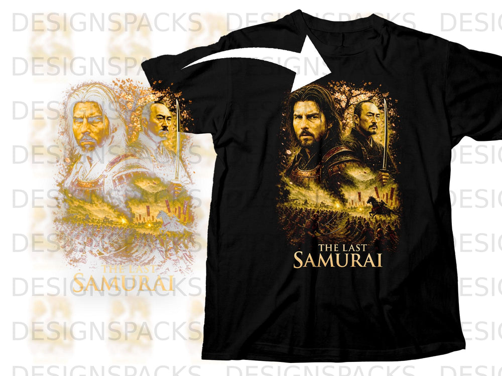 Black t-shirt featuring "The Last Samurai" movie poster artwork with key characters and battle scene.