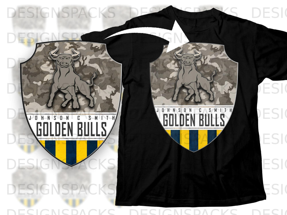 Shield logo with bull, "JOHNSON C SMITH GOLDEN BULLS", and blue and yellow stripes.