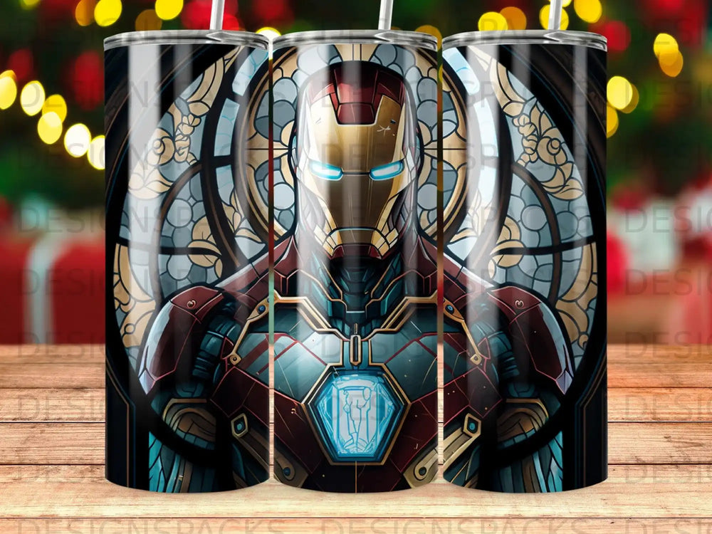 Iron Man's chest plate glows blue against his red and gold armor, in front of stained glass.