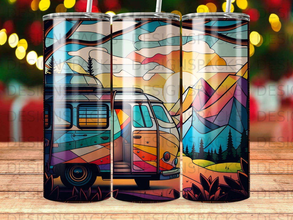 Colorful camper van against a mountain and sunset landscape.