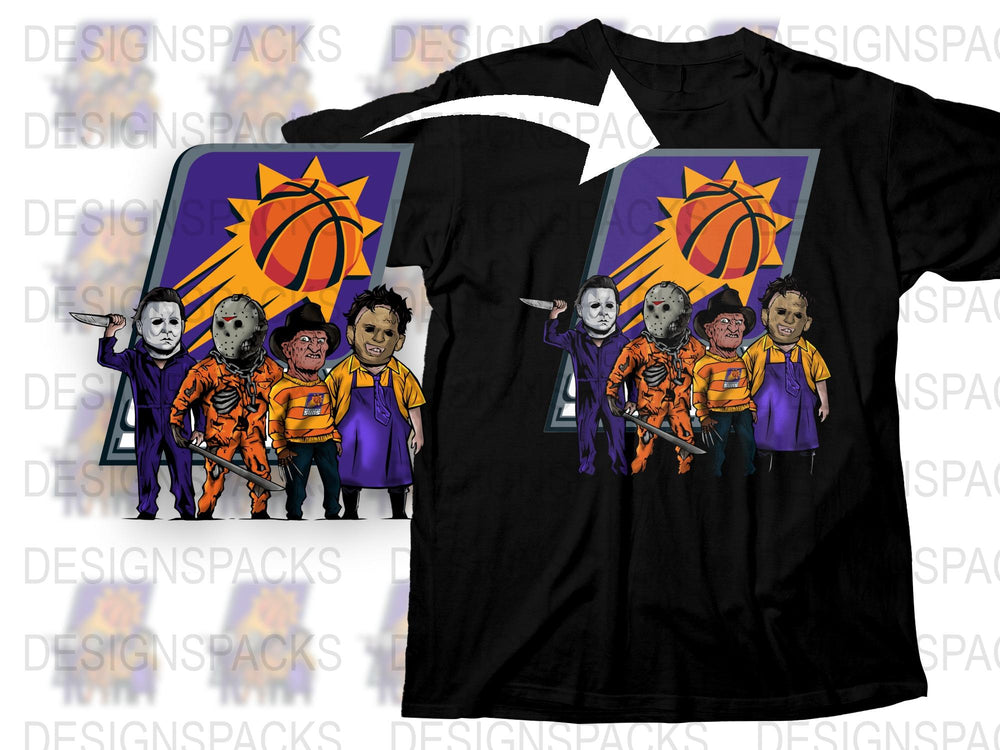 Horror Movie Characters Basketball Team Graphic T-Shirt, Halloween Sports Tee, Unique Horror Fan Gift