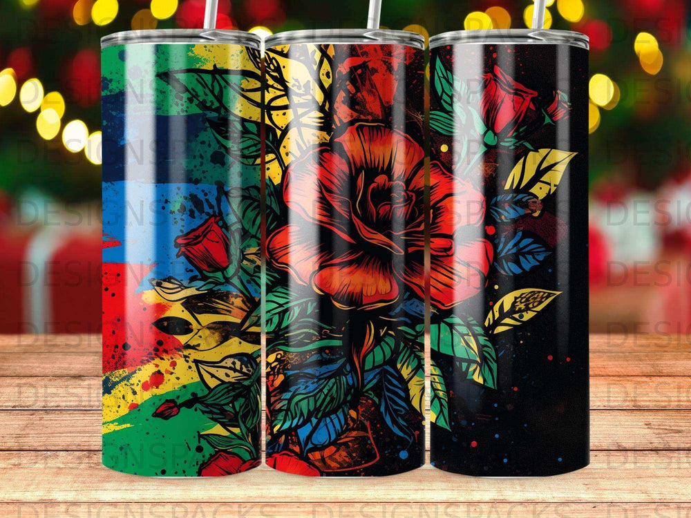 Floral rose design on a tumbler with a dark background and colorful splashes.