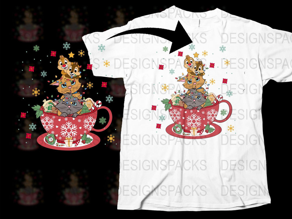 Christmas T-Shirt with Gingerbread Man in Holiday Mug, Cute Festive Tee, Snowflake and Candy Design, Unisex Gift Idea.