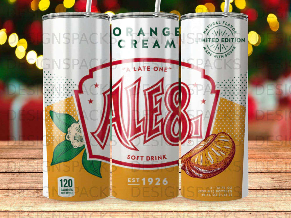 ALE 8 orange soda tumbler with "Late One" text and nutritional information.