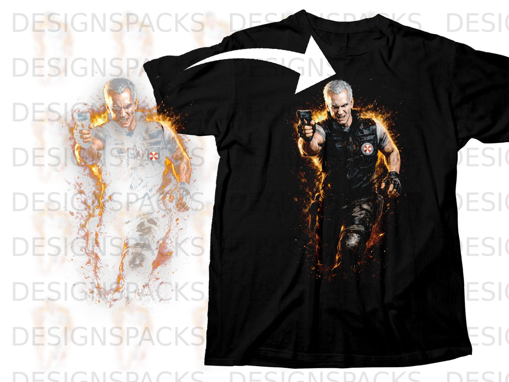 Black t-shirt featuring artwork of a man with a gun surrounded by flames.
