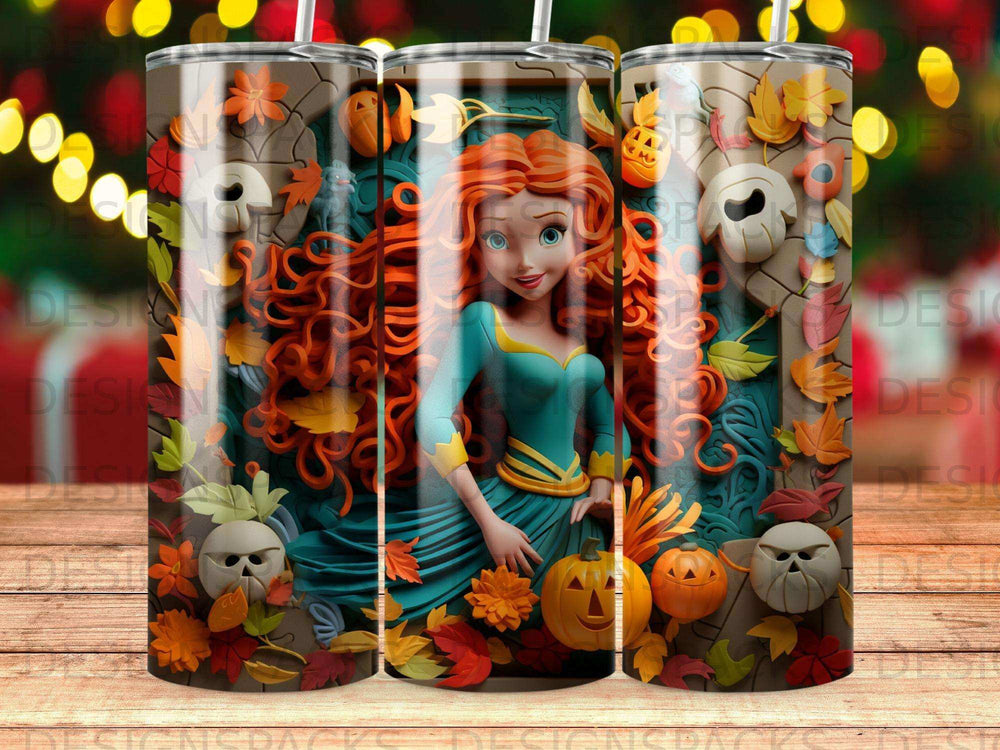 Merida from Brave with pumpkins and autumn leaves, on a skinny tumbler.