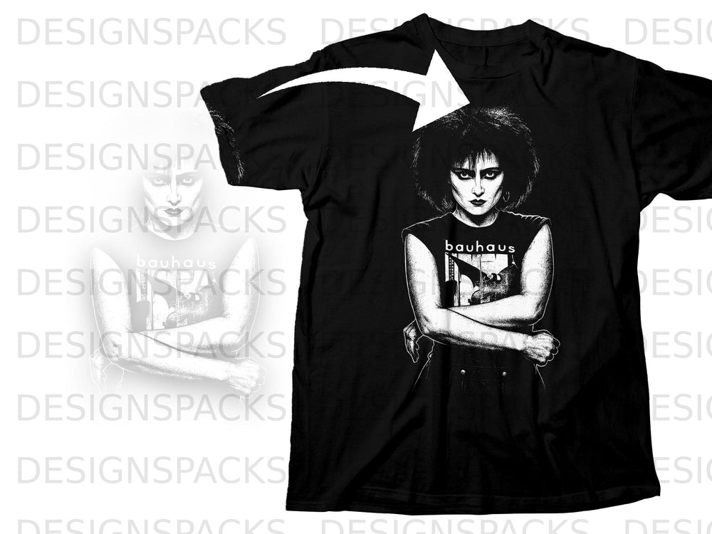 Black t-shirt with Bauhaus graphic of a woman with dark hair and makeup.