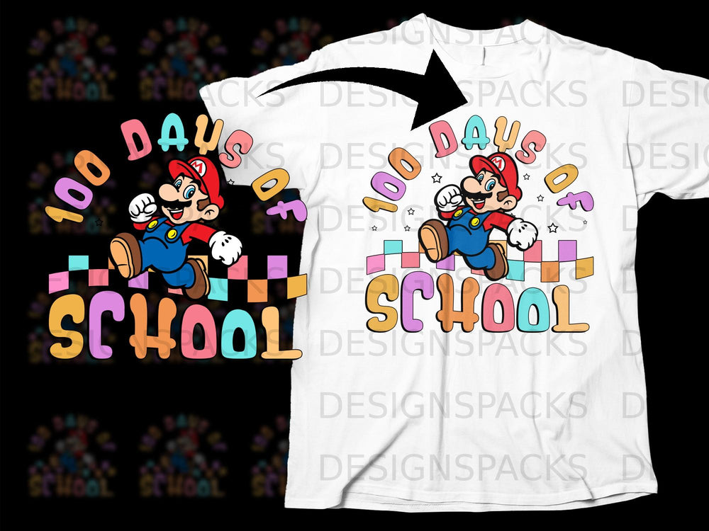 Mario celebrating 100 days of school with colorful text and checkered background.