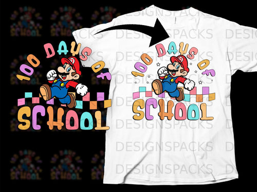 Mario celebrating 100 days of school with colorful text and checkered background.