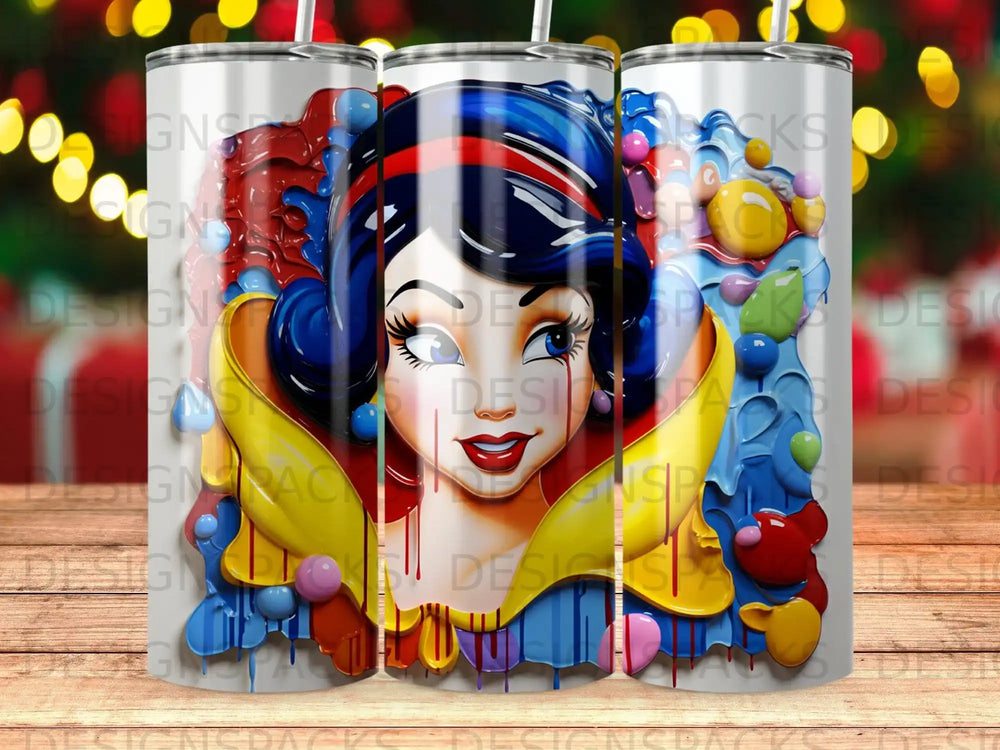 Snow White with blue eyes and red lips, framed by colorful blobs and yellow trim.