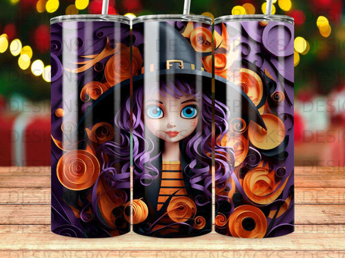 Halloween tumbler with witch and pumpkin design.