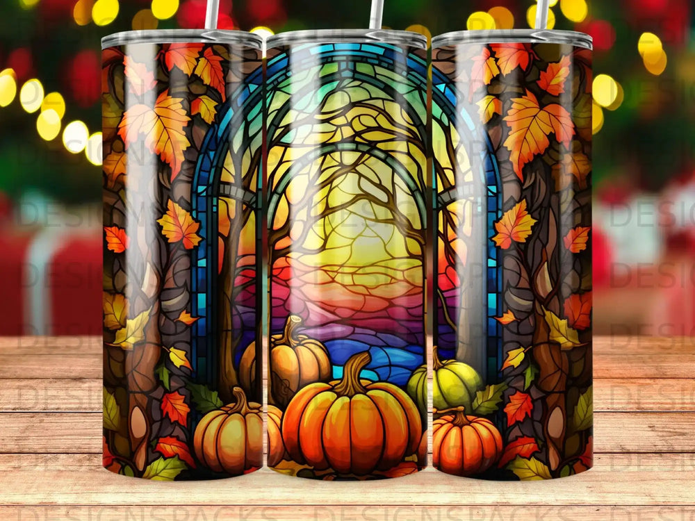 Fall stained glass tumbler with pumpkins and autumn leaves design.