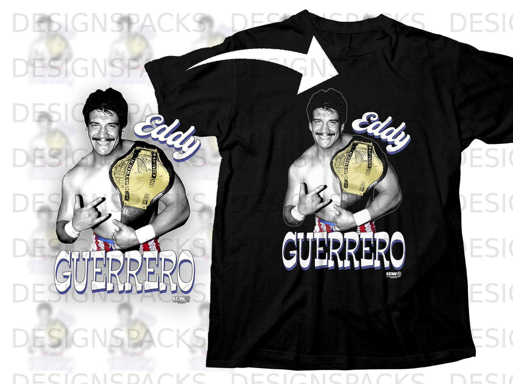 Black t-shirt featuring Eddy Guerrero holding a wrestling championship belt.