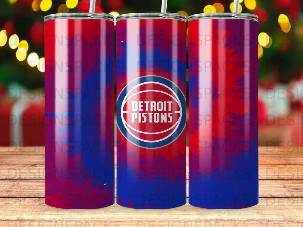 Detroit Pistons logo on a red, white, and blue gradient tumbler.