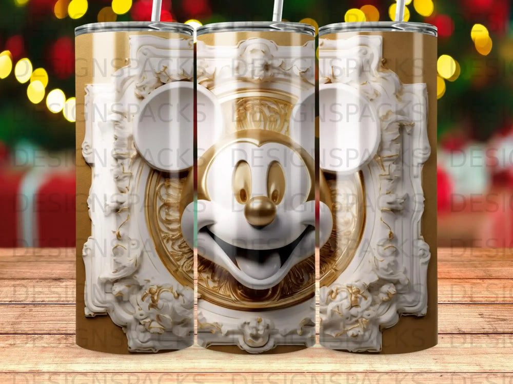 Mickey Mouse's smiling face on a gold ornate tumbler with blurred bokeh lights background.