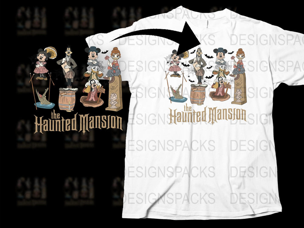 Haunted Mansion T-Shirt, Vintage Disney Inspired Gothic Tee, Unisex Adult Clothing, Ghostly Characters Design, Unique Halloween Apparel