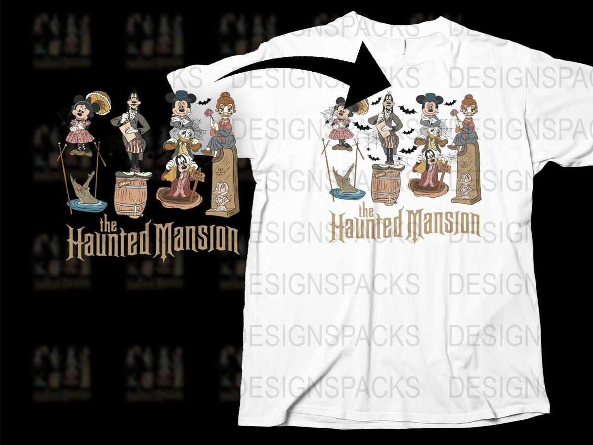 Haunted Mansion T-Shirt, Vintage Disney Inspired Gothic Tee, Unisex Adult Clothing, Ghostly Characters Design, Unique Halloween Apparel