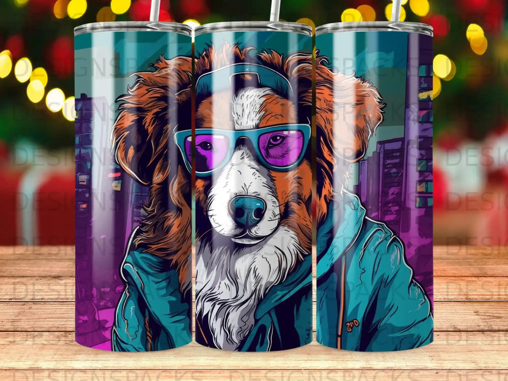 Australian Shepherd dog wearing sunglasses and headphones in a cityscape.