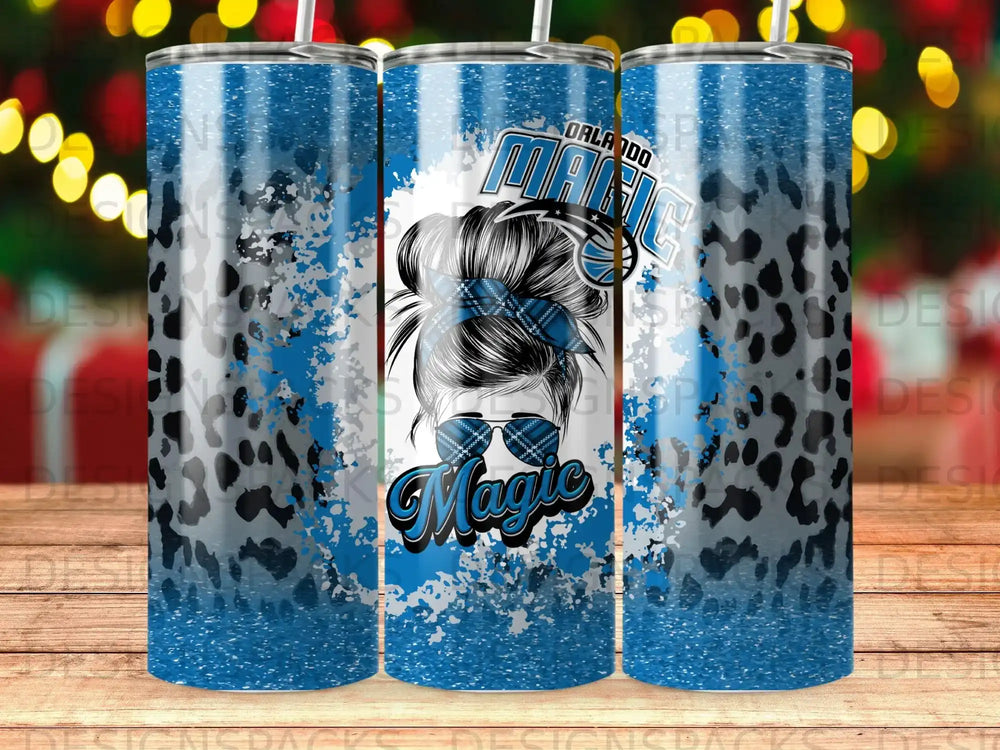 Blue and white marbled tumbler with leopard print and "Orlando Magic" text.