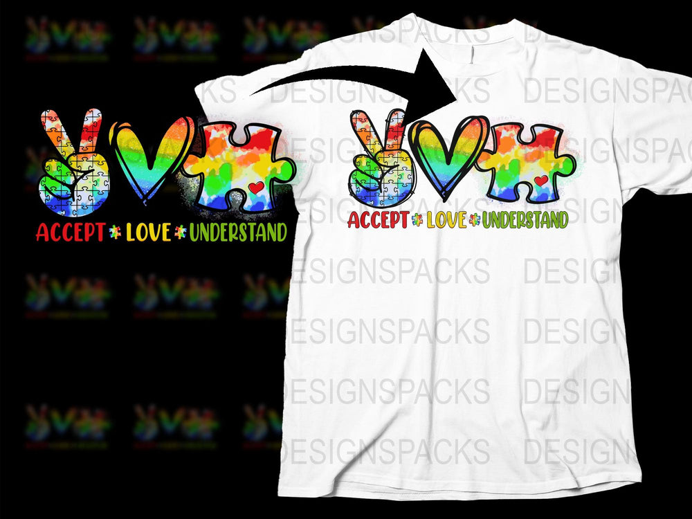Colorful Autism Awareness T-Shirt, Accept Love Understand, Sign Language Hands, Puzzle Pattern Tee