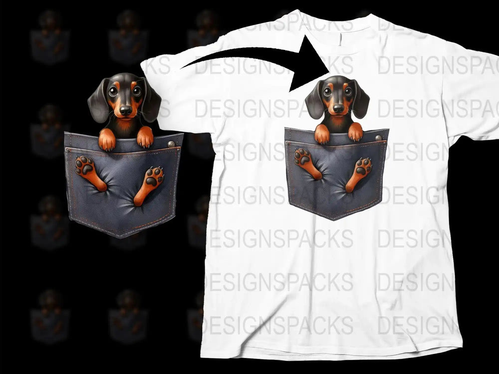 Cute Dachshund Puppy T-Shirt, Dog in Pocket Graphic Tee, Unisex Casual Streetwear, Pet Lover Gift, Animal Print Top, All Sizes Available.