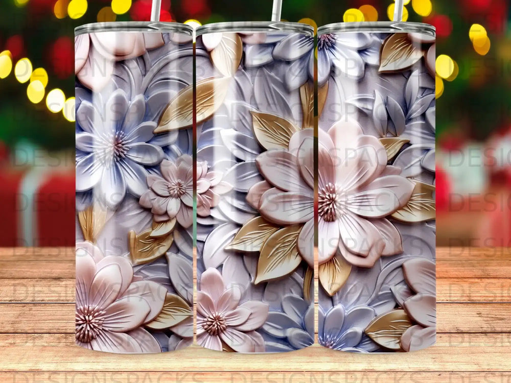 Close-up of metallic floral pattern with pink, silver, and gold flowers on a tumbler.