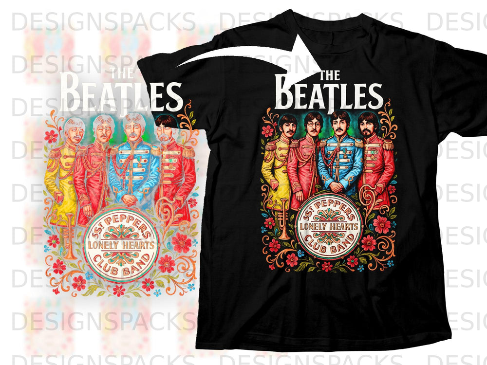 Black t-shirt with a Beatles Sgt. Pepper album cover design.