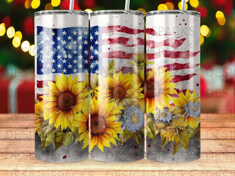 USA flag and sunflowers on three tumblers.