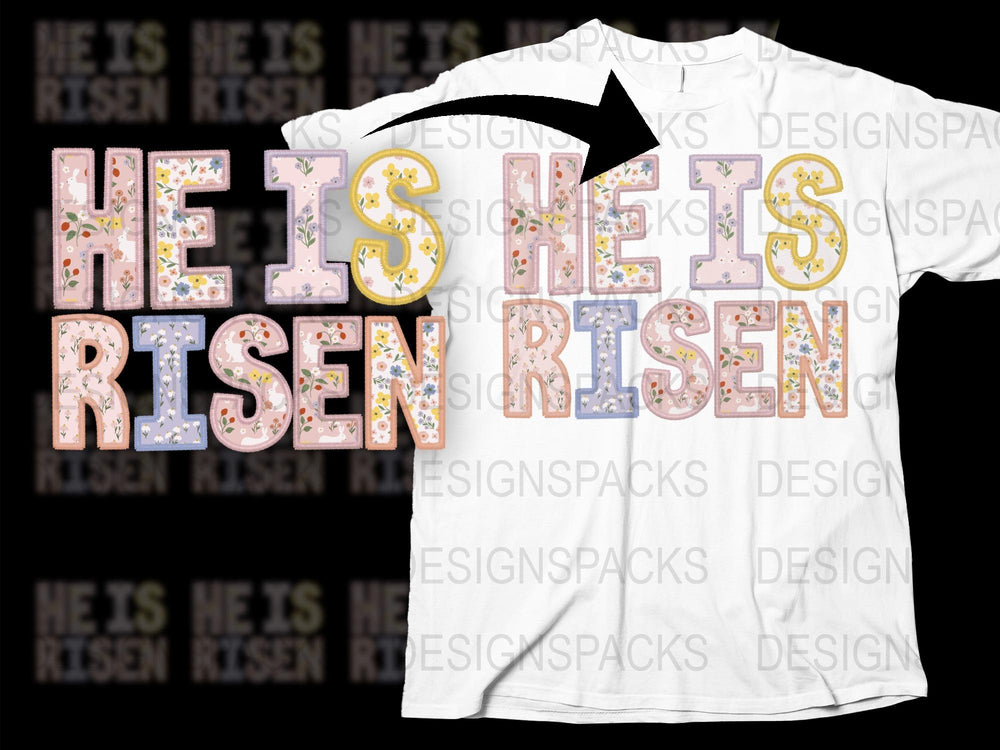 Easter T-Shirt 'He Is Risen' Christian Faith Floral Lettering Tee for Men and Women