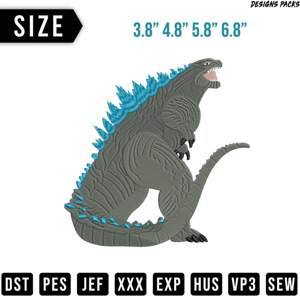 Godzilla embroidery design with size options and file formats.