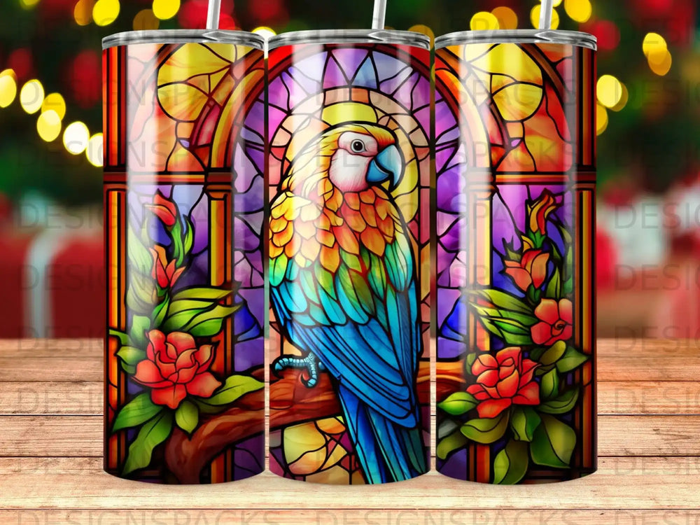 Parrot on stained glass background with flowers, repeated pattern.